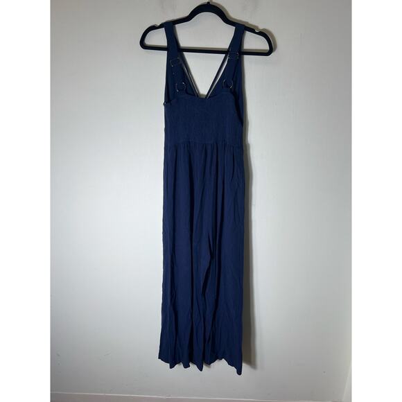 No Brand Navy Blue Linen Blend Romper Overalls Sz S - Picture 2 of 3